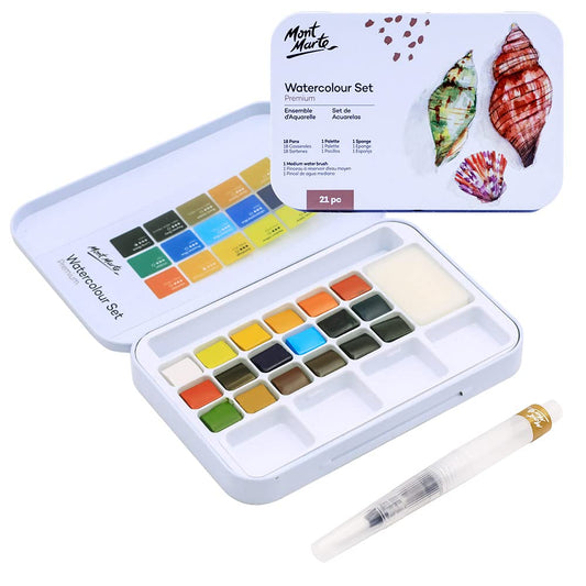 Mont Marte Premium Watercolor Cake Set, 21 Piece, 18 Colors, 1 Water Brush, 1 Sponge, 4 Mixing Wells