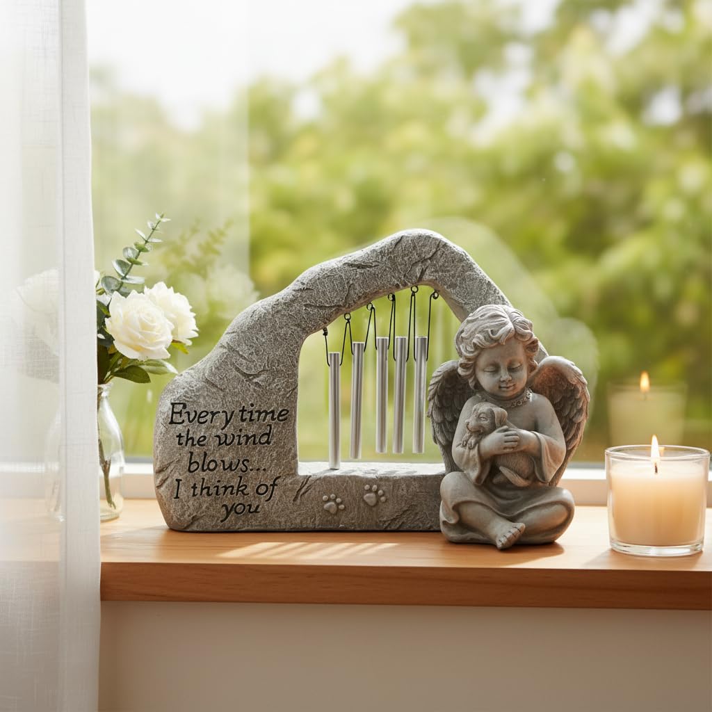 Comfy Hour Pet In Loving Memory Collection Resin Memorial Stone Windchime Dog and Angel Pet Statue, Faithful Memory of Dog's Bereavement