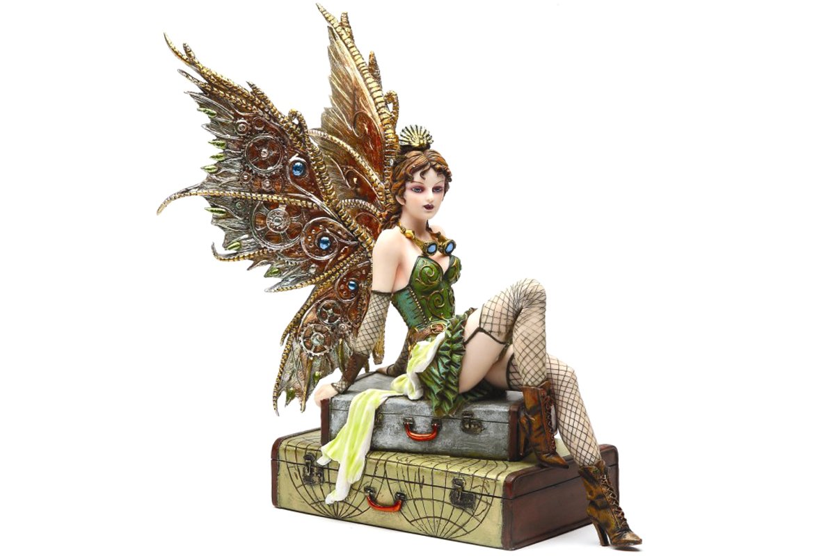 Pacific Trading PTC 9.38 Inch Steampunk Fairy Sitting on Vintage Luggage Statue Figurine