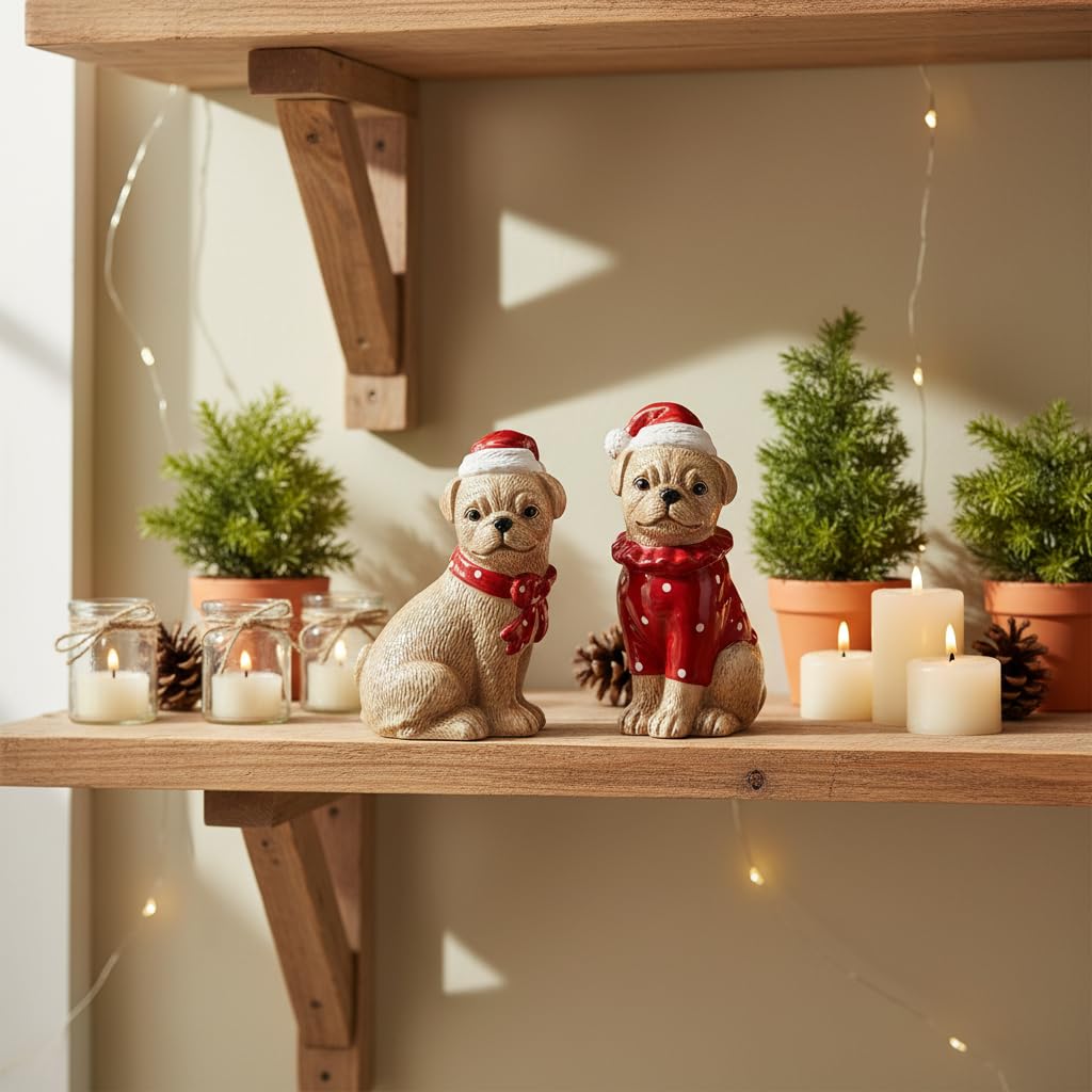 Comfy Hour Farmhouse Home Decor Collection Christmas Dog Friends Salt & Pepper Set, Brown & Red, Santa Hat, Holiday, Dolomite