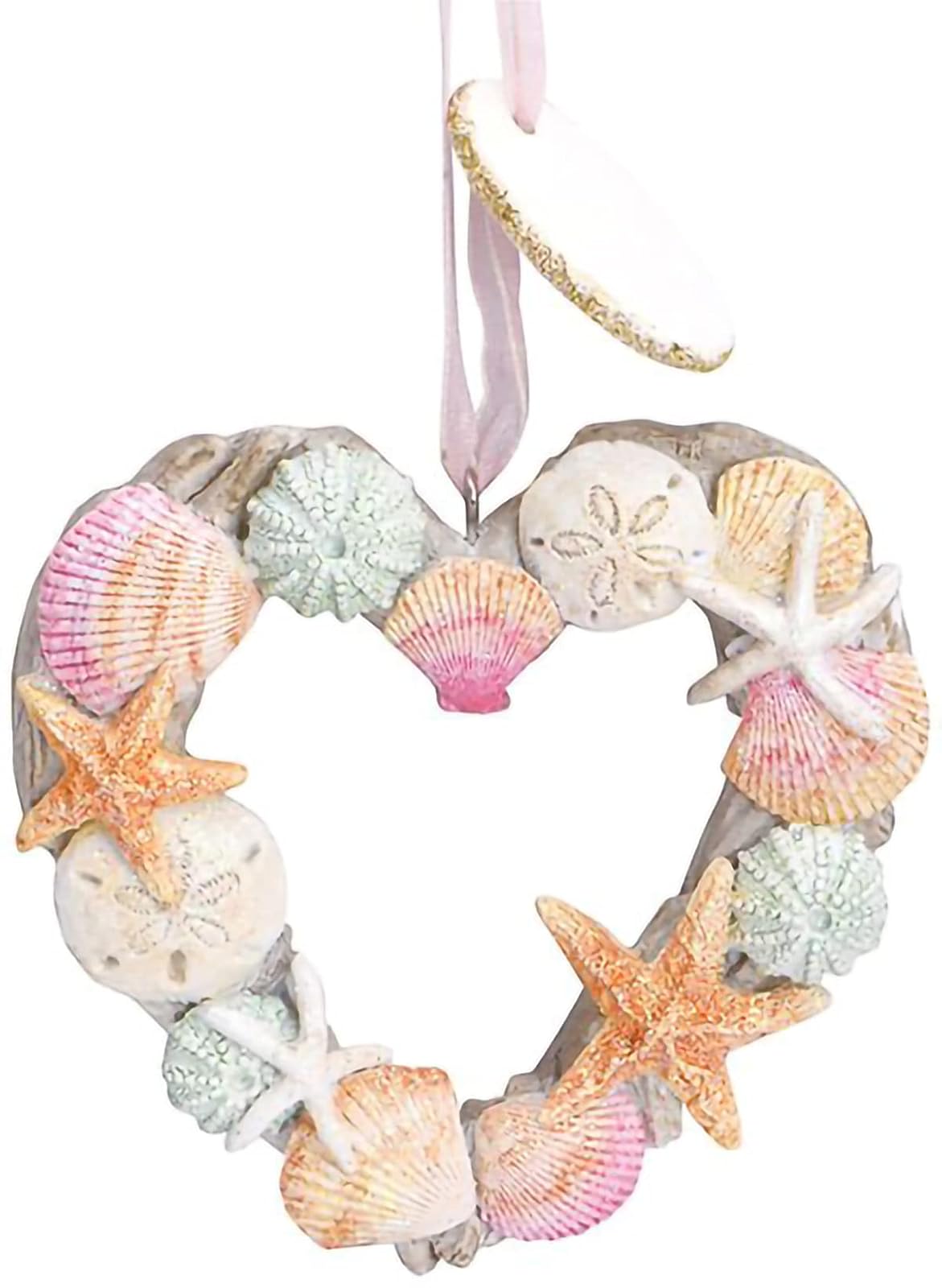 Cape Shore Christmas Resin Ornament Driftwood and Shells Heart Wreath Holiday Tree Decoration, Home Collection