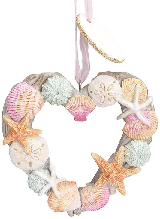 Cape Shore Christmas Resin Ornament Driftwood and Shells Heart Wreath Holiday Tree Decoration, Home Collection