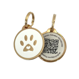 Pet Dwelling 2D QR Code Pet ID Tag - Dog Tags - Cat Tags - Online Pet Profile - Instant Email Alert of Scanned QR Tag Location(Gold White Paw)