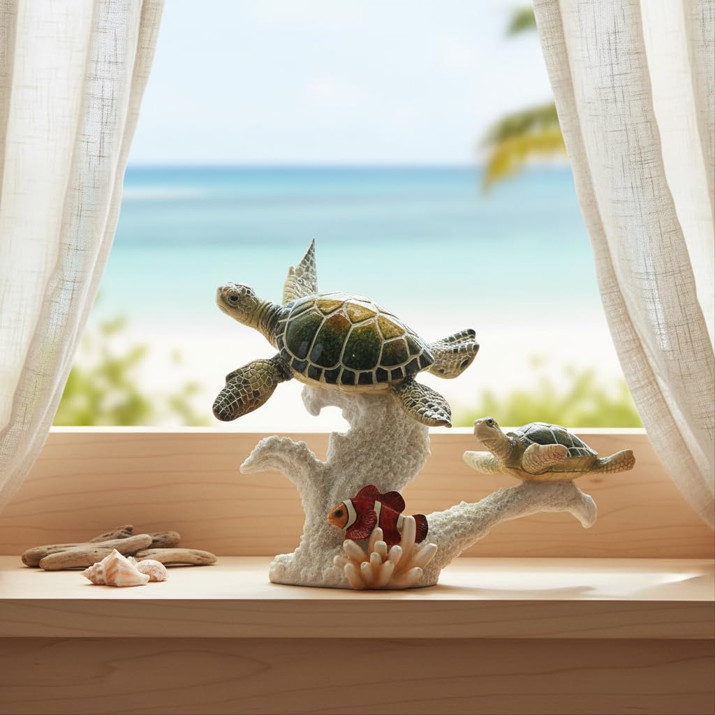 Comfy Hour Ocean Voyage with Sea Turtles Collection 8" Turtle and Fish Coastal Ocean Theme Decoration, Polyresin