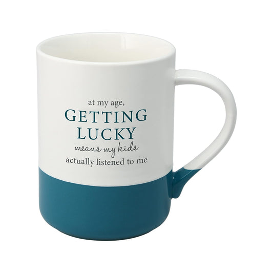 Pavilion - Getting Lucky - 18 ounce Large Coffee Cup, Sarcastic Gift For Parents, Mom Coffee Mug, Dad Mugs Coffee, 1 Count (Pack of 1), 5‚Äù x 4.75‚Äù, White & Teal