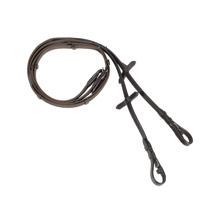 HORZE Slender Grippy Rubber-Intertwined Horseback Riding Web Reins with Hand Stops - Brown - Pony