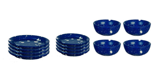 Aztec Imports Dollhouse Miniature 1:12 Scale 12 Pc Blue Spatter Dishes SET #D2762