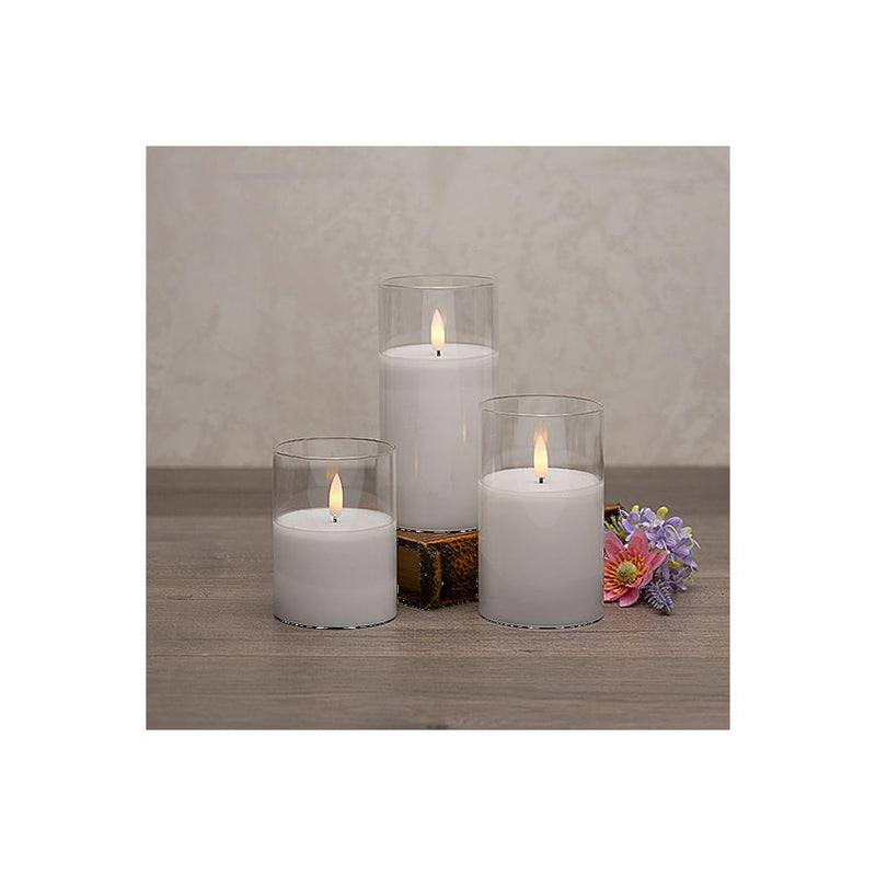 Gerson Set of 3 B/O White Wax Pillar Candles in Glass Cylinder W/Ww Led 6" H