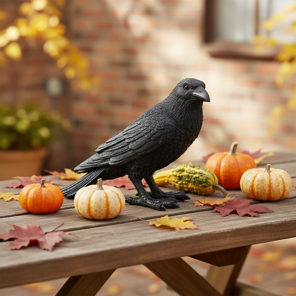 Comfy Hour Fairyland Collection 7" Black Feather Standing Crow Bird Halloween Decorative Figurine, Black, Polyresin