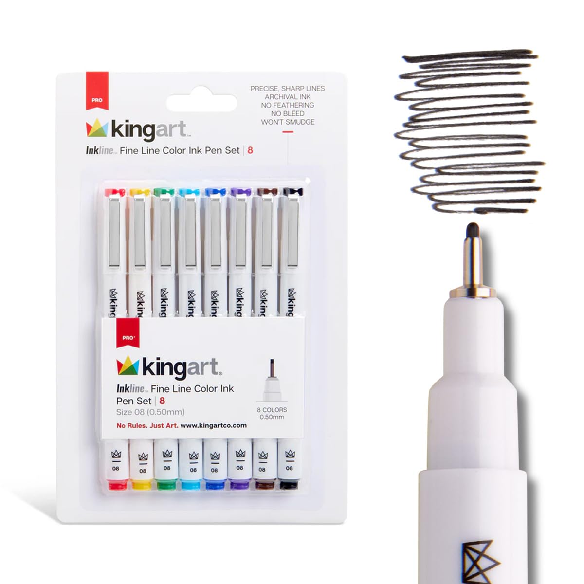KINGART Inkline, Set of 8 Unique, Size 08 Fine Line Color Ink Pens, Assorted 8 Piece (432-8)