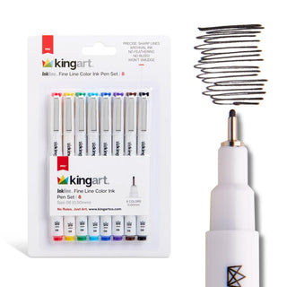 KINGART Inkline, Set of 8 Unique, Size 08 Fine Line Color Ink Pens, Assorted 8 Piece (432-8)