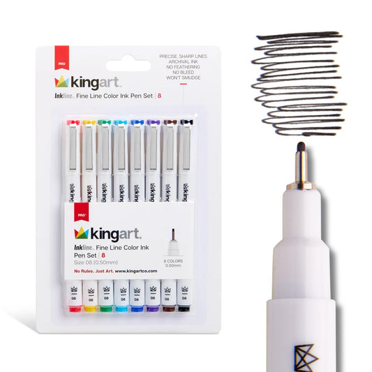 KINGART Inkline, Set of 8 Unique, Size 08 Fine Line Color Ink Pens, Assorted 8 Piece (432-8)