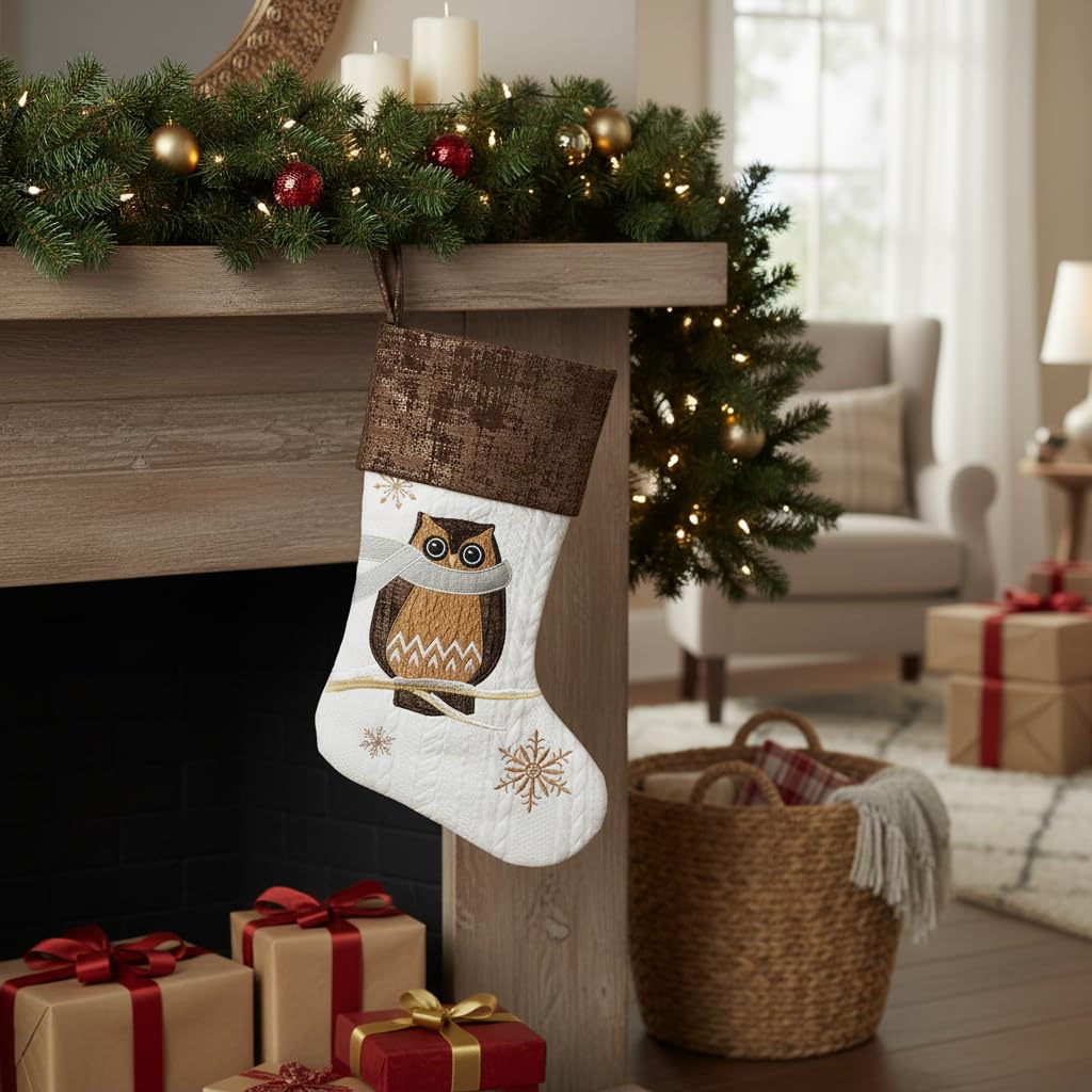 Comfy Hour 18 Inch Owl Christmas Stocking, Rustic Woodland Decor