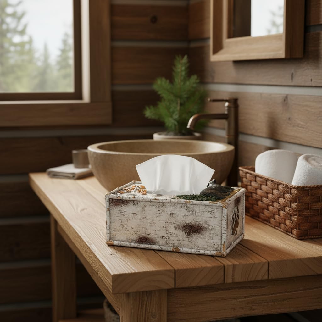 Comfy Hour 10 Inch Bear Tissue Box Cover, Rustic Birch Decor