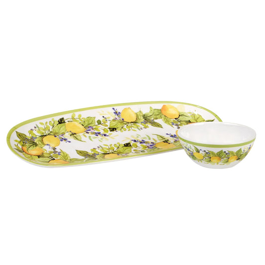 Certified International Lemon Zest Oval Tray with Dip Bowl Set, 15-inch Length, For Everyday Use, Kitchen Accessories, Party Celebration