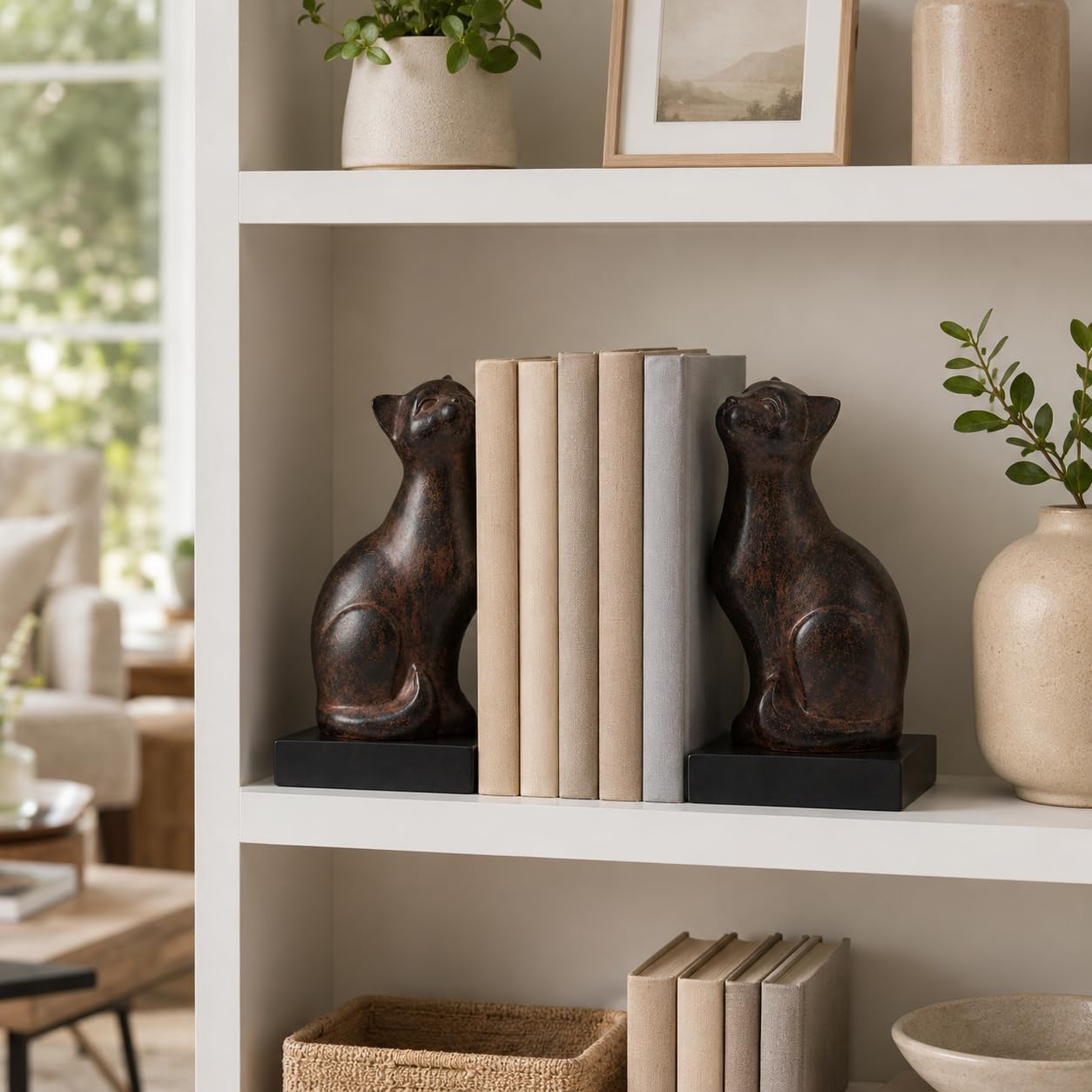 Comfy Hour Farmhouse Home Decor Collection 4" length 7" height Polyresin Set Of 2 Cats Bookends Art Bookend, 1 Pair, Brown Antique Effect
