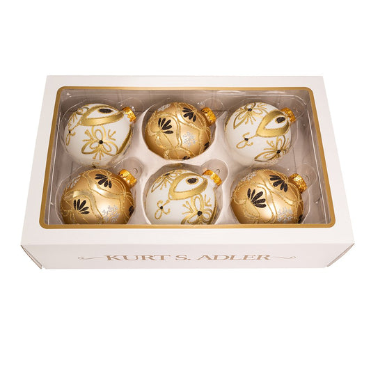 Kurt Adler 80mm Glass Gold/White Ball Ornament, Set of 6