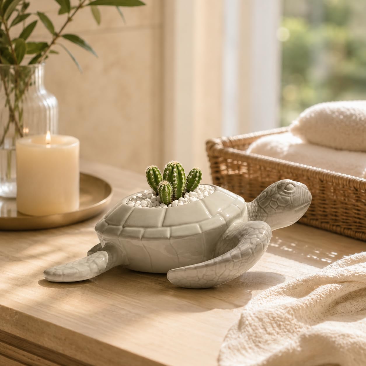 Comfy Hour 9" Ceramic Turtle Succulent Planter Flower Bud Pot Decorative Vase Small Plant Container, Palegreen