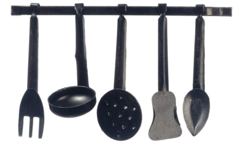 Dollhouse Miniature Black Metal Utensils with Hanger