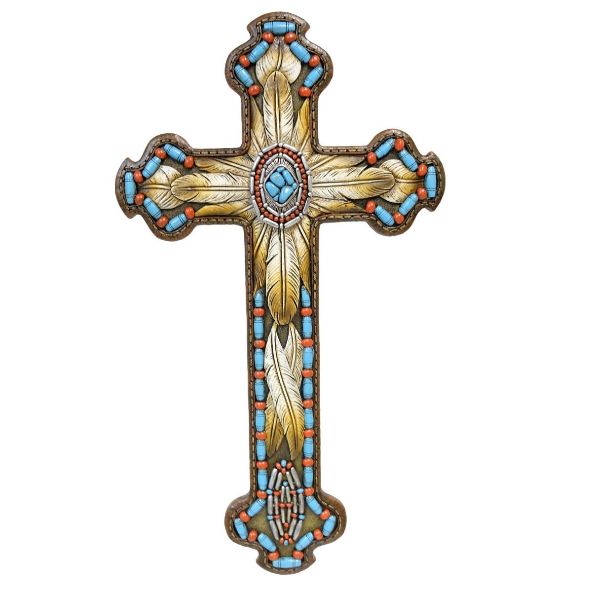 De Leon Collections Polyresin Tribal Beads with Feather and Turquoise Accent Hanging Wall Religious Cross Décor