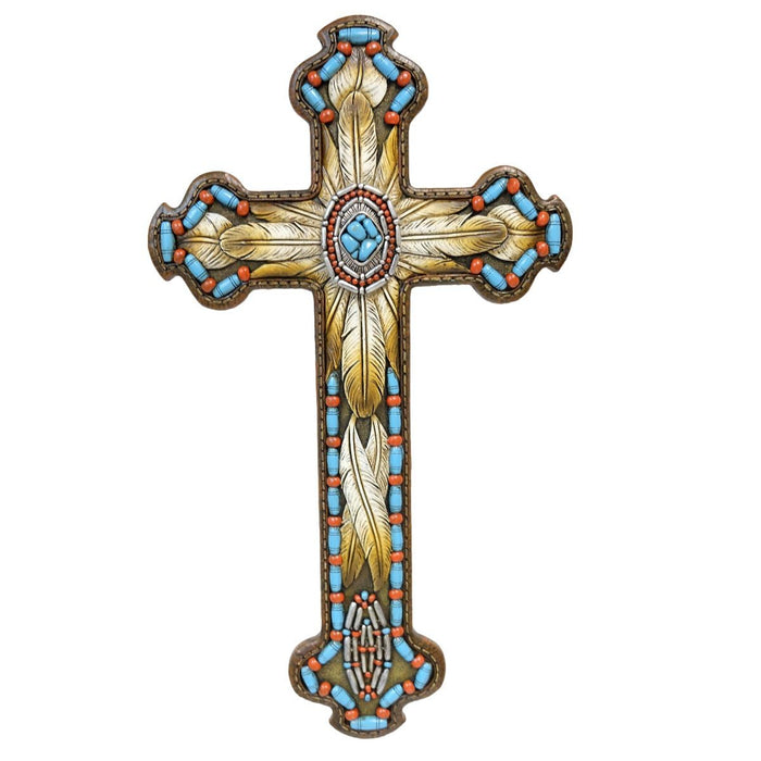 De Leon Collections Polyresin Tribal Beads with Feather and Turquoise Accent Hanging Wall Religious Cross Décor