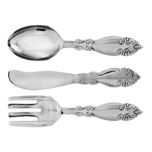 Vajilla Deco Wall Cutlery, Fork, Knife, Spoon, Kitchen Wall Art, Sculpture, Silver, Aluminum, Decorative, Home Décor, Fork: 24" x 5.5" x 2", Knife: 23.75" x 3.5" x .75", Spoon: 24.75" x 6.5" x 3"