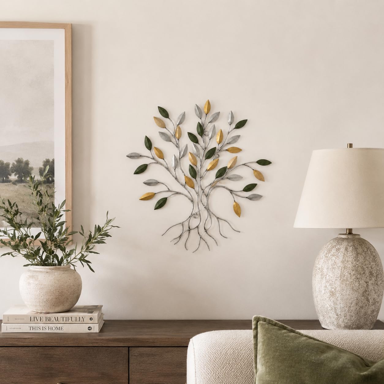 Comfy Hour 16 Inch Tree of Life Metal Wall Art, Green Gold Leaves