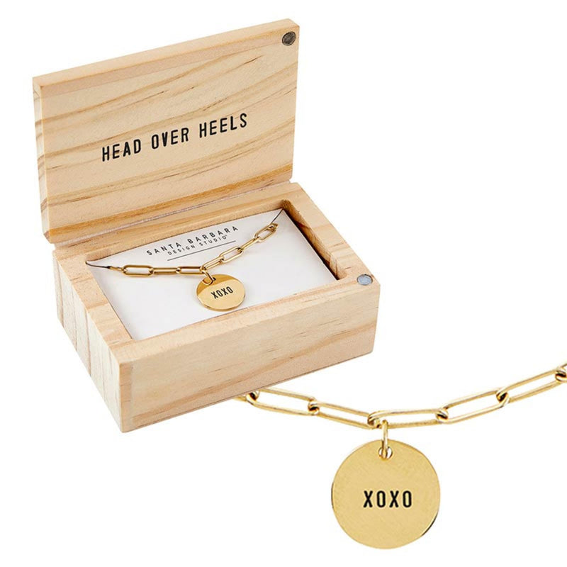 Santa Barbara Design Studio Fleur Jewelry Wedding Gold Plated Link Chain Charm Necklace Wood Boxed Gift Set, 17" Long + 2" Extender, XOXO