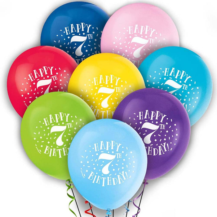 Unique Industries Assorted Color 7th Birthday Latex Balloons, 8 Ct.
