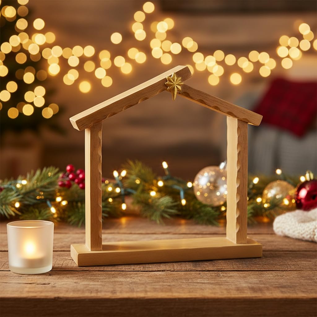 Comfy Hour 9.1 Inch Manger Nativity Stable, Gold Star Creche, 1 Unit