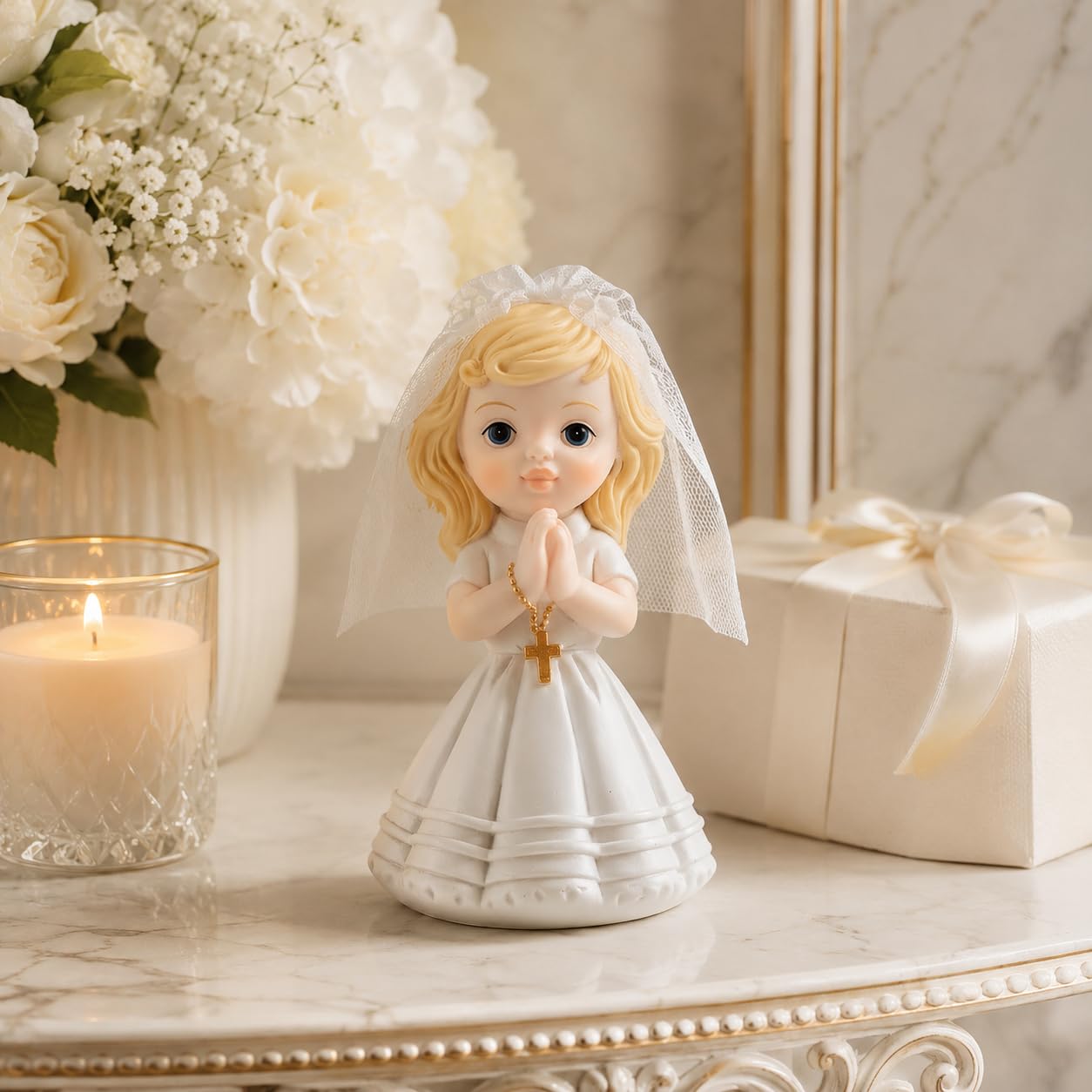 Comfy Hour Praying Girl Communion Collection Resin Praying Girl with Rosary Figurine Keepsake My First Communion
