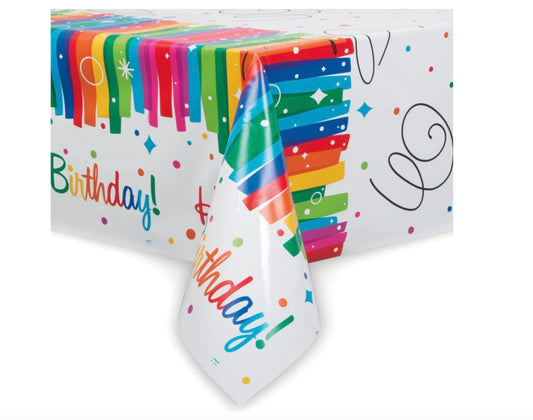 Unique Industries Rainbow Ribbons Birthday Plastic Tablecloth, 84" x 54"