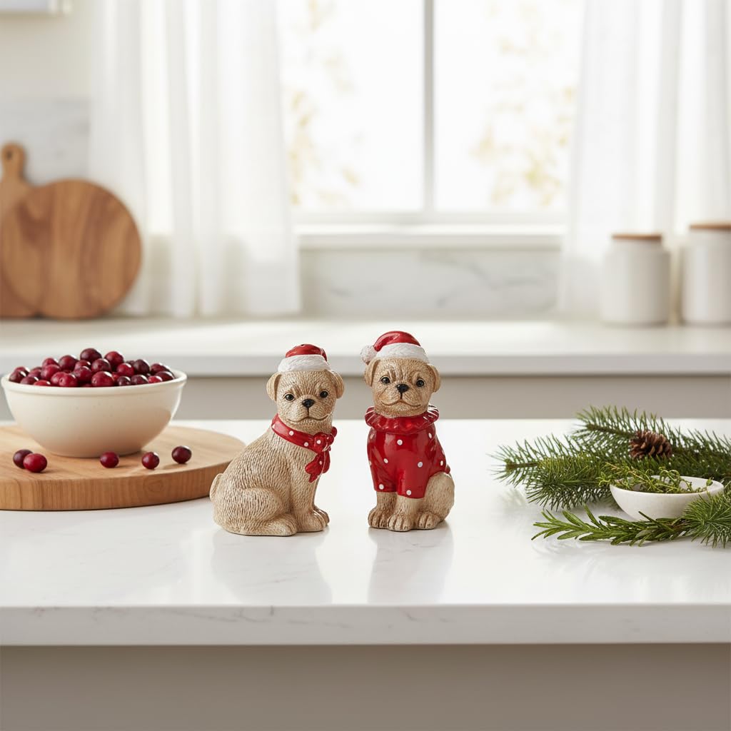 Comfy Hour Farmhouse Home Decor Collection Christmas Dog Friends Salt & Pepper Set, Brown & Red, Santa Hat, Holiday, Dolomite