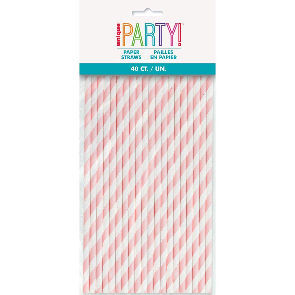 Unique Industries Baby Pink Striped Paper Smoothie Straws - 40 Pcs