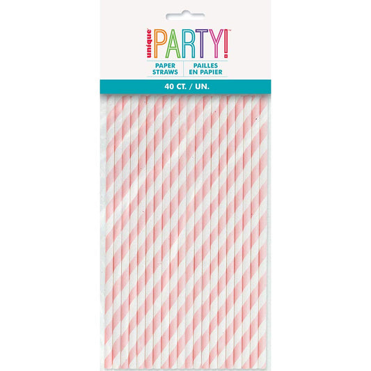 Unique Industries Baby Pink Striped Paper Smoothie Straws - 40 Pcs