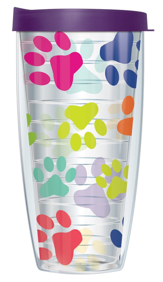 Freeheart Colorful Paw Prints Wrap on Clear w/ Eggplant Purple Lid Tumbler Cup 22 Oz | Fantastic Temperature Retention, Thermal Insulated! Dishwasher and Microwave Safe | BPA Free| Great Gift Idea