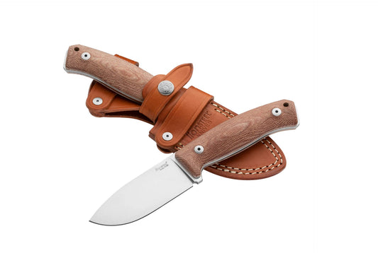 Lion Steel M2M Fixed Blade Outdoor EDC Knife, M390 Steel Blade, G10 Micarta or Wood Handle Options, Double Stitched Leather Sheath (Natural Micarta)