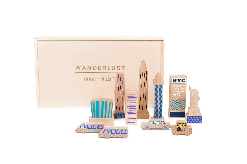 ONCE KIDS New York Theme Wooden Blocks Play Set of 11 - Wood + Felt Painted Monuments, Architecture for Kids - Educational Learning Toys
