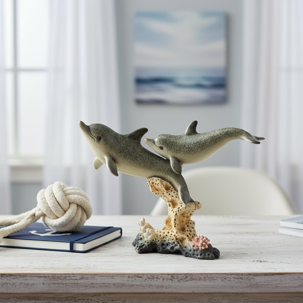 Comfy Hour Under The Sea Collection 7-Inch Two Swimming Dolphins On Coral Pedestal Coastal Ocean Theme Decoration, High Gloss Finish, Polyresin