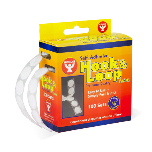 Hygloss Products Self Adhesive Coins - 100 Hook and Loop Fastener Sticky Dots With Dispenser ‚Äì 5/8 Inches, White