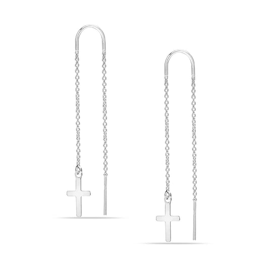 LeCalla Sterling Silver Jewelry Light-Weight Cross Drop Threader Earrings for Girl Women