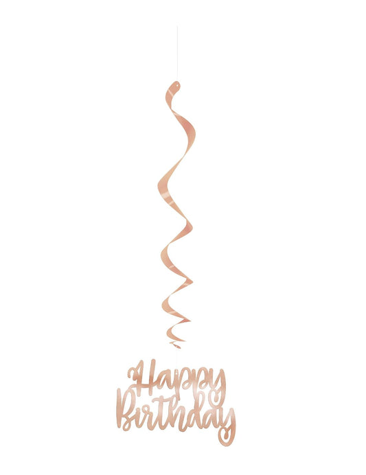 Unique Industries Rose Gold"Happy Birthday" Hanging Foil Swirl Decorations - 3 Pcs