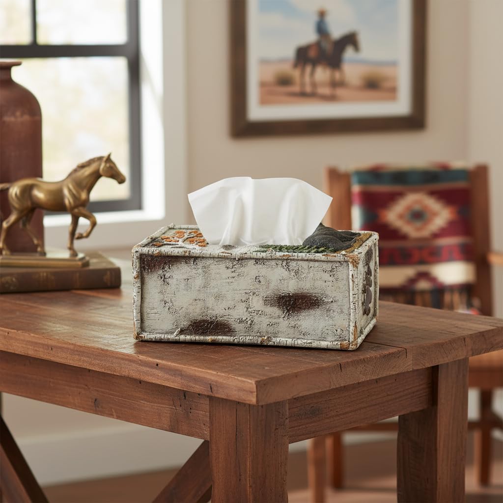 Comfy Hour 10 Inch Bear Tissue Box Cover, Rustic Birch Decor