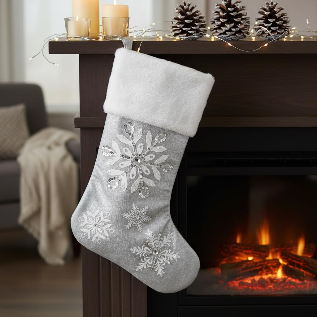 Comfy Hour 18 Inch Christmas Stocking, Silver Snowflake Decor, 1 Unit