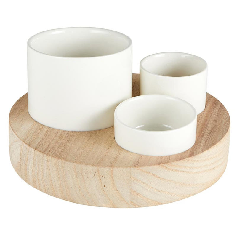 Santa Barbara Design Studio Serving Set Removeable Small Bowls in Wood Base, 8" Diameter, Natural Wood + Ceramic