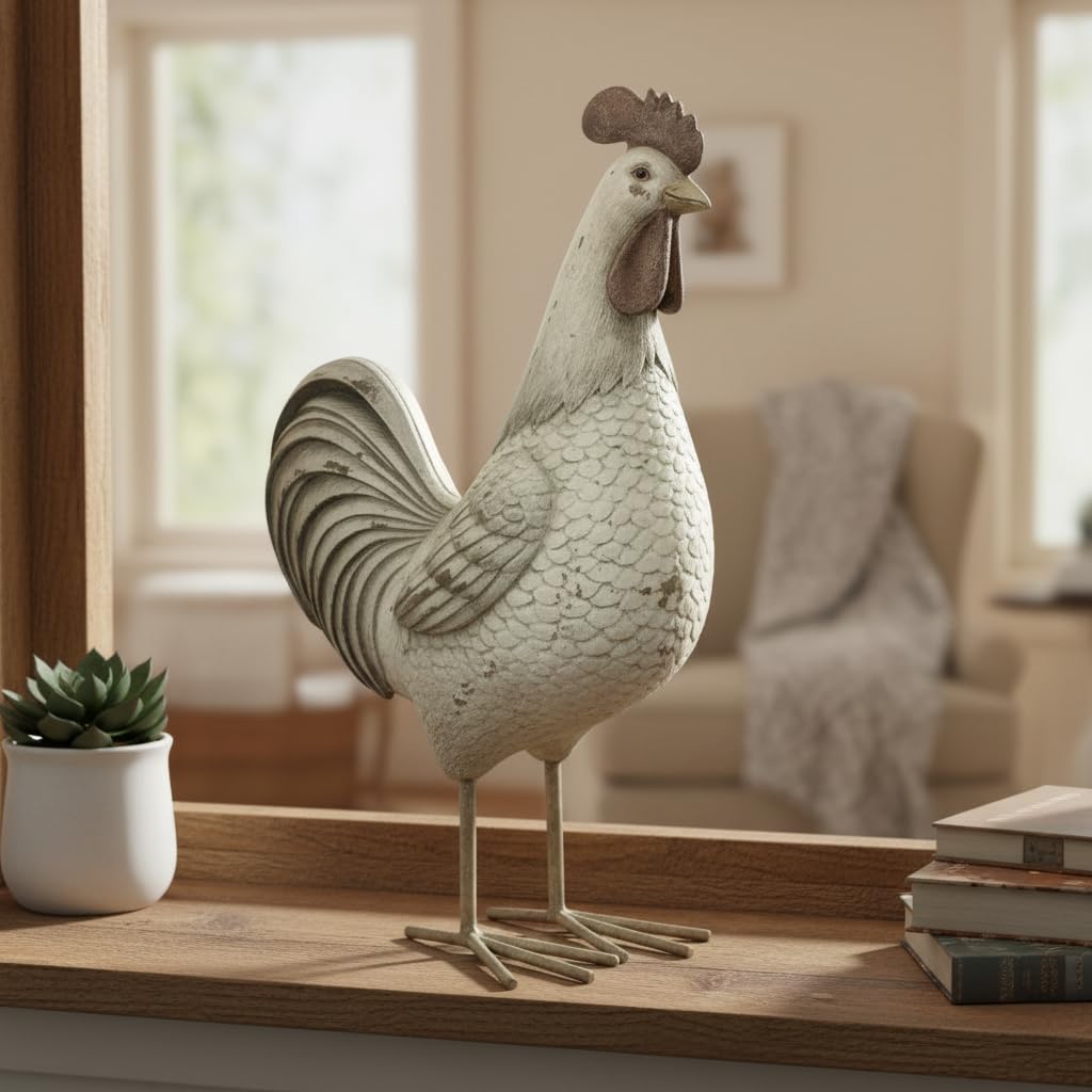 Comfy Hour Farmhouse Home Decor Collection 10" Countryside Standing Chicken Cock Rooster Figurine Farm Animal Statue, Grey Beige, Polyresin Decor