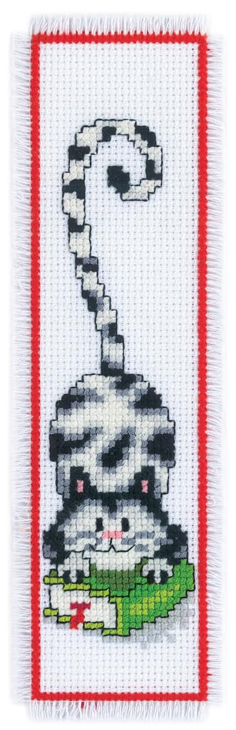 Vervaco Cross Stitch Embroidery Kit for Adults, Cross Stitch Set Pre-Printed with Embroidery Design on 100% Cotton Fabric, Embroidery Templates 2,4 x 8 Inches - 6 x 20 cm, Bookmark Kit, Cat & Book