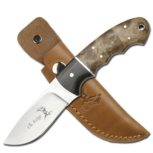 Master Cutlery Elk Ridge - Outdoors Fixed blade Knife - 8-in Overall, Mirror Finished 440 Stainless Steel Blade, Full Tang, Burl Wood Handle, Genuine Leather Sheath - Hunting, Camping, Survival - ER-128, Multi, One Size