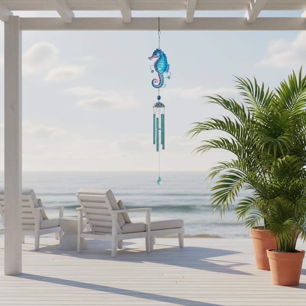 Comfy Hour Farmhouse Home Decor Collection Metal Art 35" Seahorse Ocean Wild Animal Windchime Hanging Windbell Blue