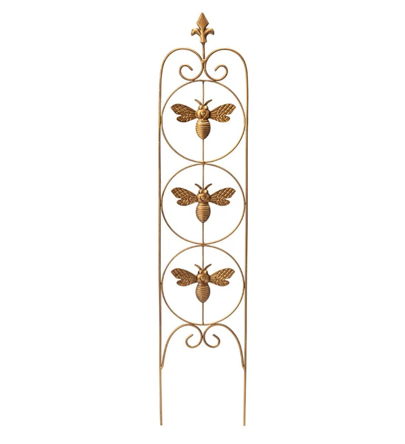 Napco Bumble Bee Flower 35.75 x 7.5 inches Goldtone Heavy Duty Metal Flower Plant Climbing Trellis Display Stand Stake, Indoor Outdoor Garden Décor, 14951
